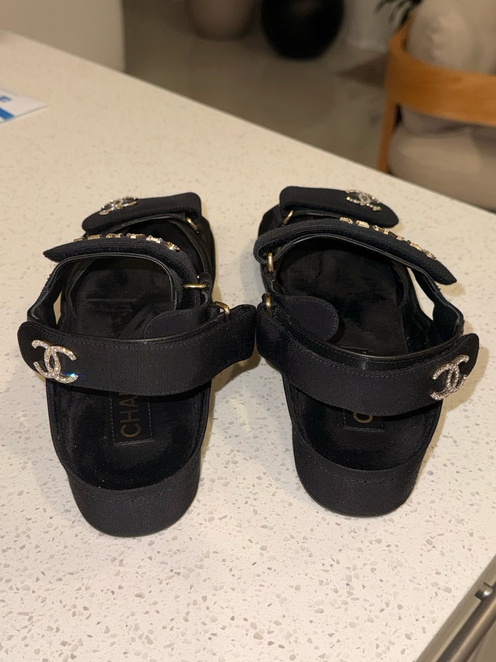 CHANEL Black Grosgrain Fabric Crystal Logo Platform Sandals - Picture 4 of 5
